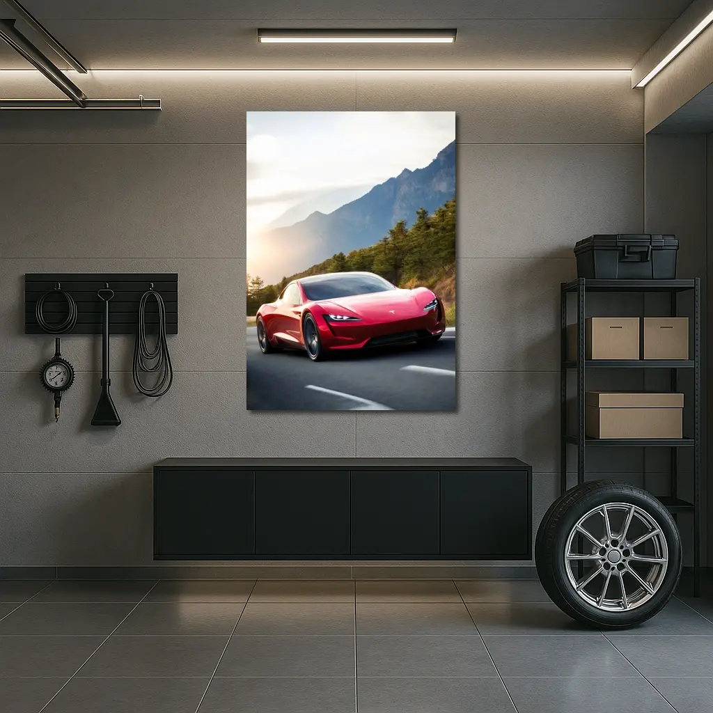 Tesla Roadster Red Sports Car Mountain Road – Wall Art