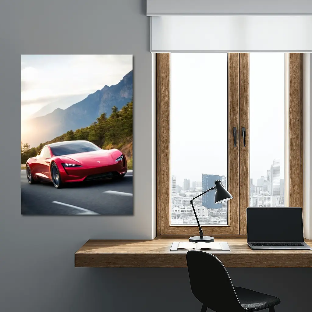 Tesla Roadster Red Sports Car Mountain Road – Wall Art