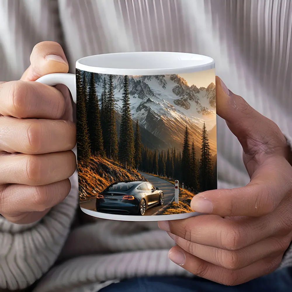 Tesla Model S Mountain Road Sunset Drive – Mugs