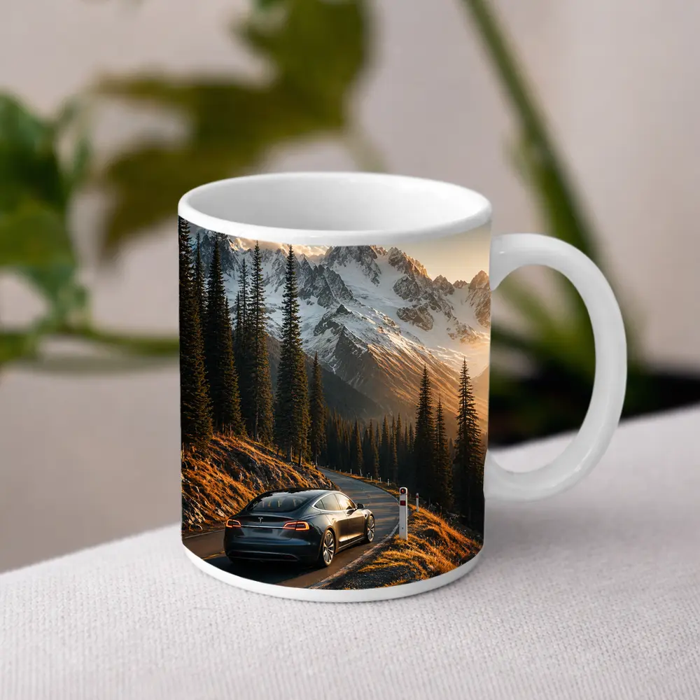 Tesla Model S Mountain Road Sunset Drive – Mugs
