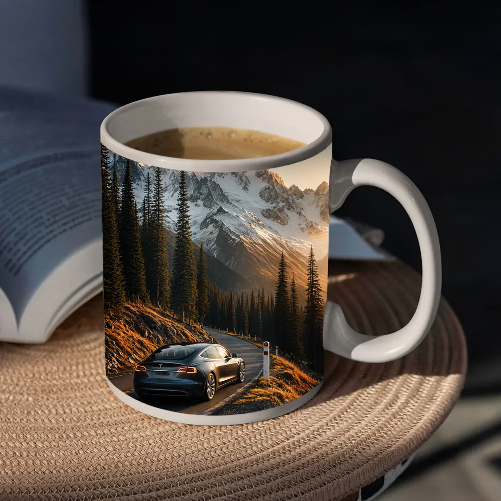 Tesla Model S Mountain Road Sunset Drive – Mugs