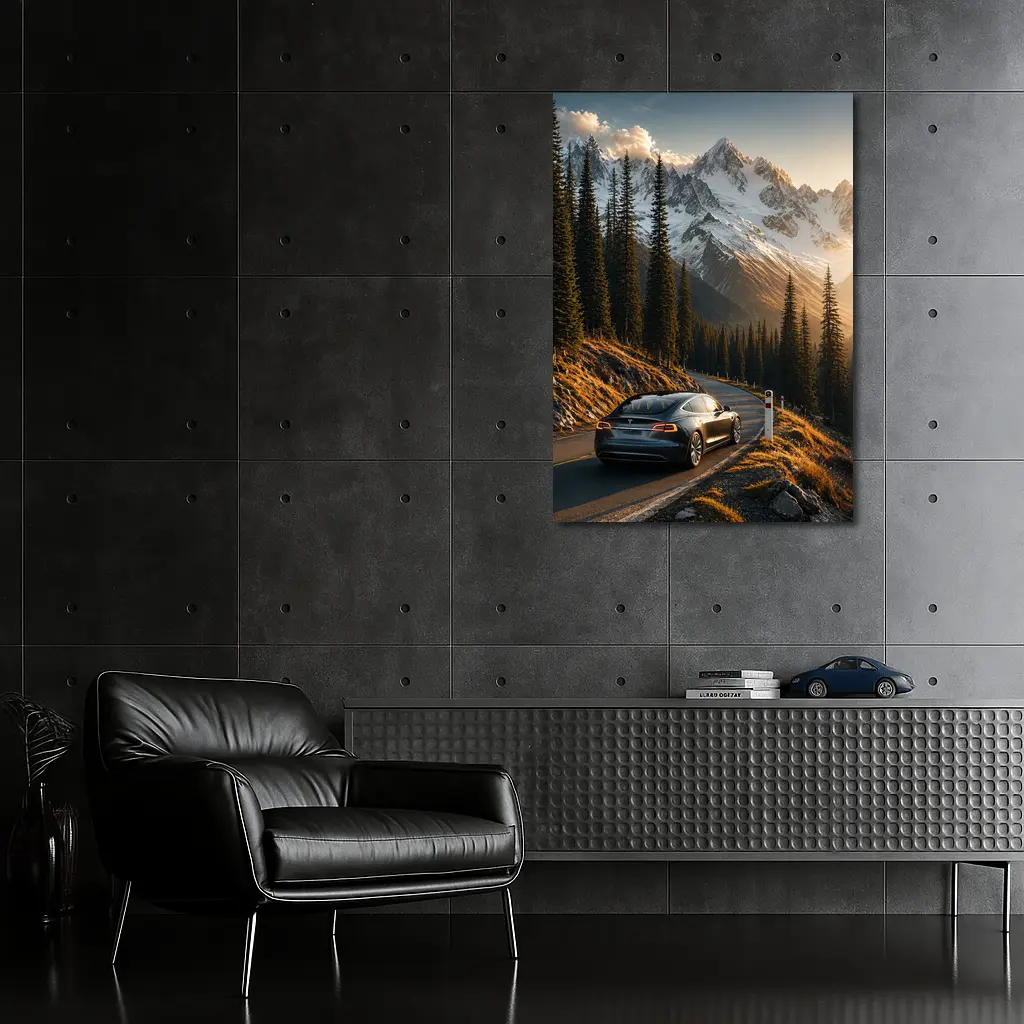 Tesla Model S Mountain Road Sunset Drive – Wall Art