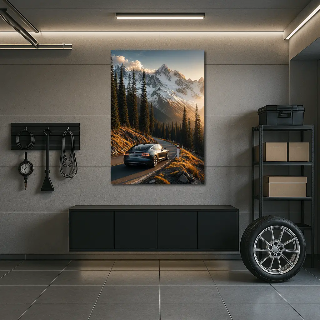 Tesla Model S Mountain Road Sunset Drive – Wall Art