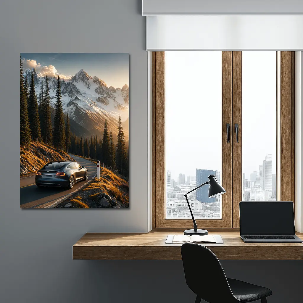 Tesla Model S Mountain Road Sunset Drive – Wall Art