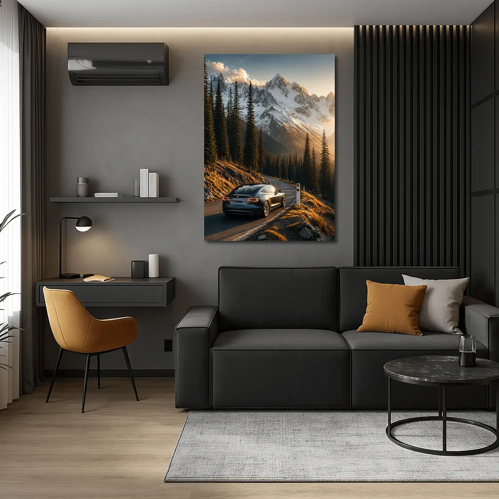 Tesla Model S Mountain Road Sunset Drive – Wall Art