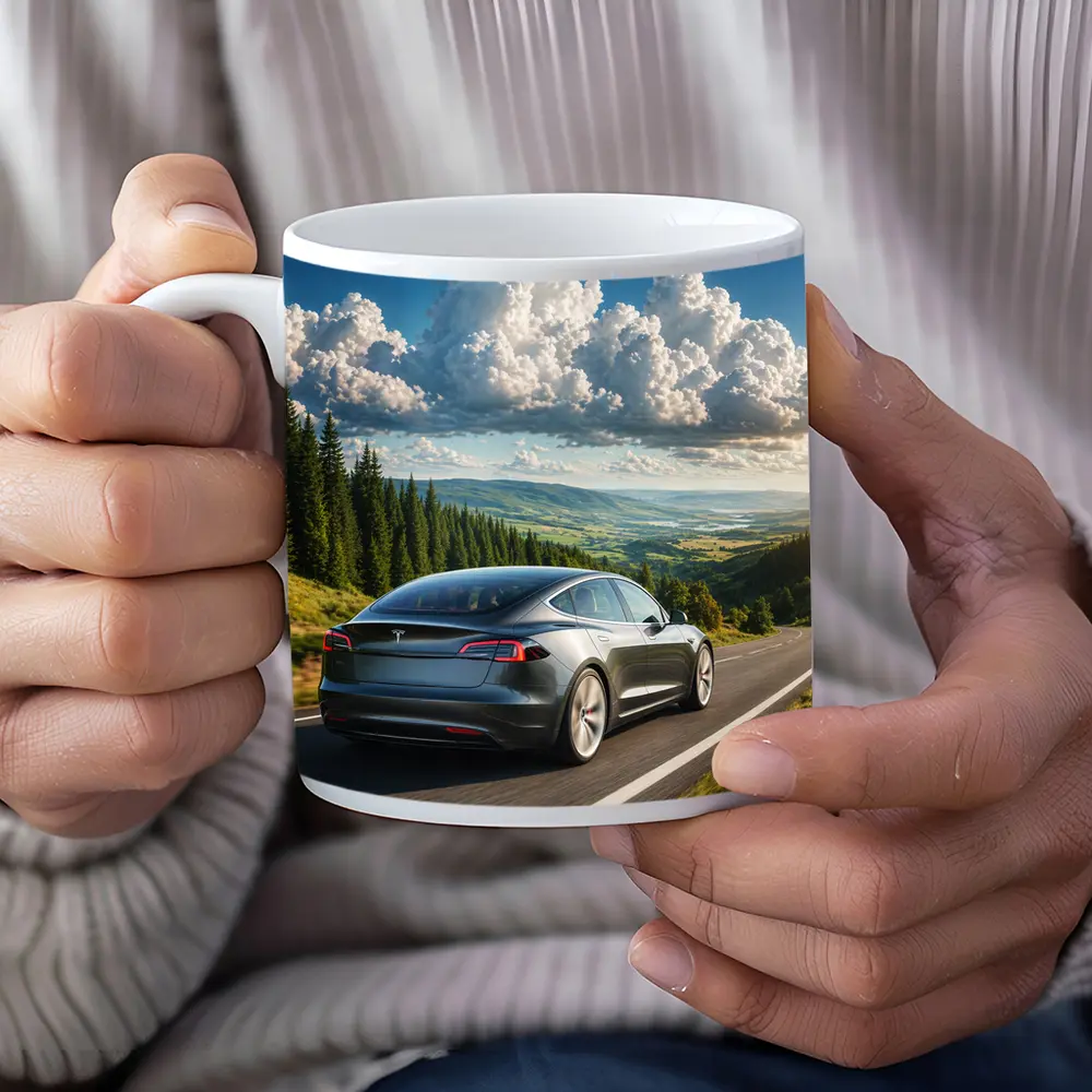 Tesla Model S Driving Forest Mountain Road – Mugs