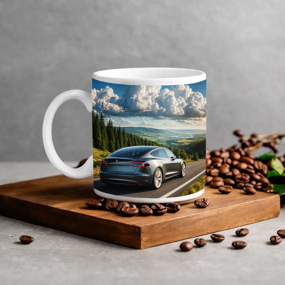 Tesla Model S Driving Forest Mountain Road – Mugs