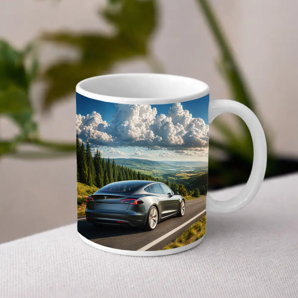 Tesla Model S Driving Forest Mountain Road – Mugs