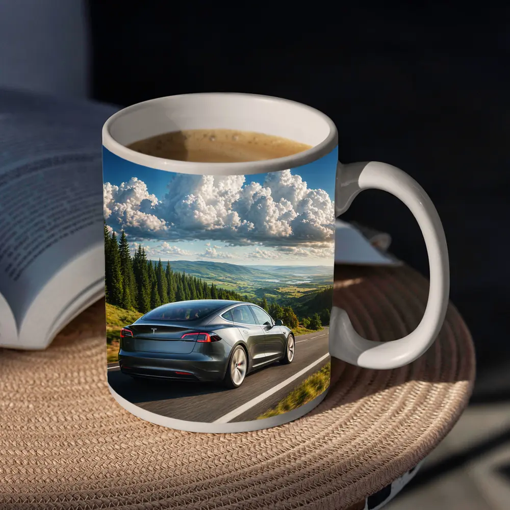Tesla Model S Driving Forest Mountain Road – Mugs