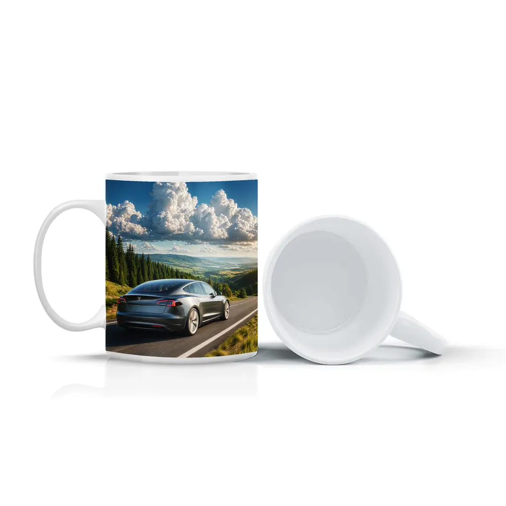 Tesla Model S Driving Forest Mountain Road – Mugs