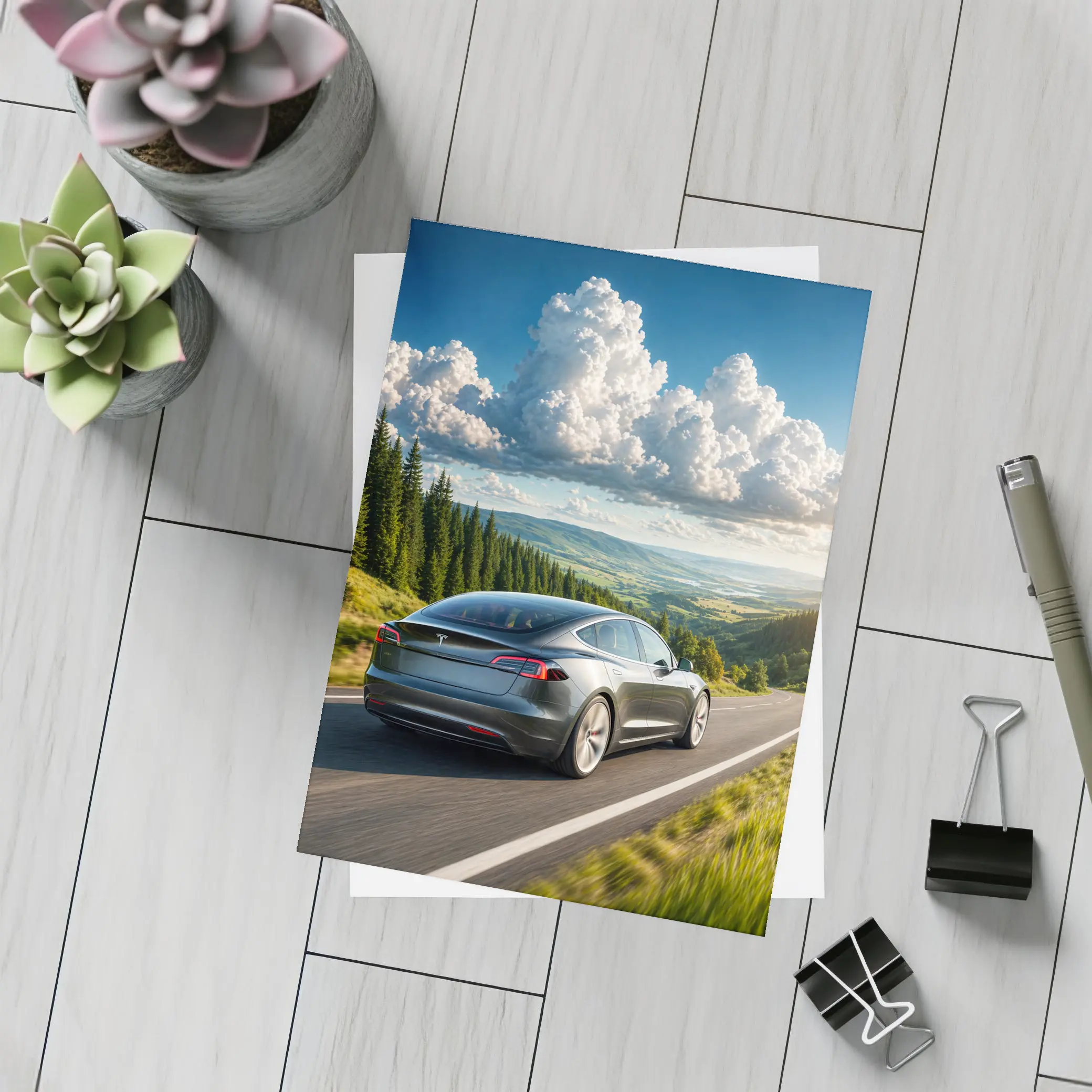 Tesla Model S Driving Forest Mountain Road – Postcards