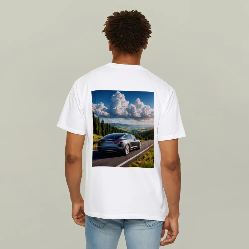 Tesla Model S Driving Forest Mountain Road – T-Shirts
