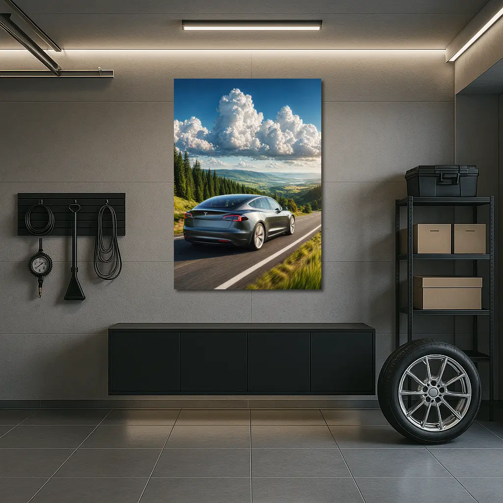 Tesla Model S Driving Forest Mountain Road – Wall Art
