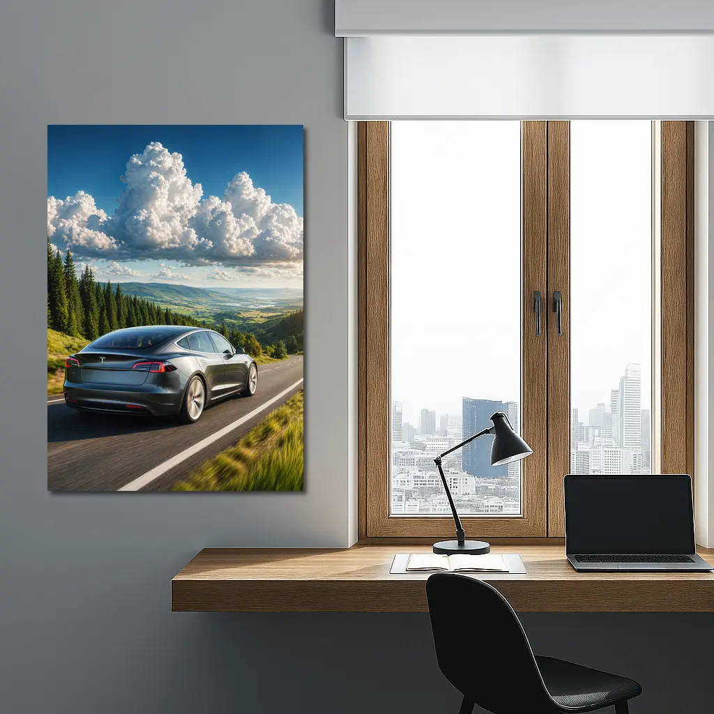 Tesla Model S Driving Forest Mountain Road – Wall Art