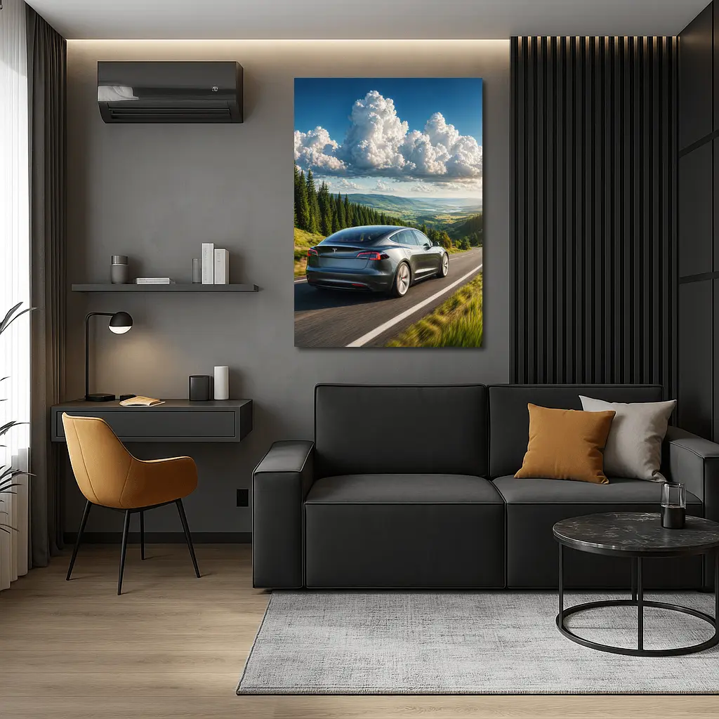 Tesla Model S Driving Forest Mountain Road – Wall Art