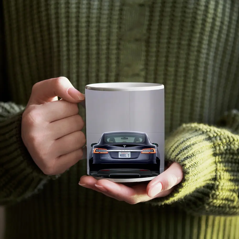 Tesla Model S Rear View Gray Background – Mugs
