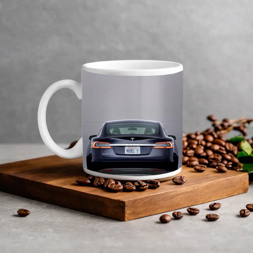 Tesla Model S Rear View Gray Background – Mugs
