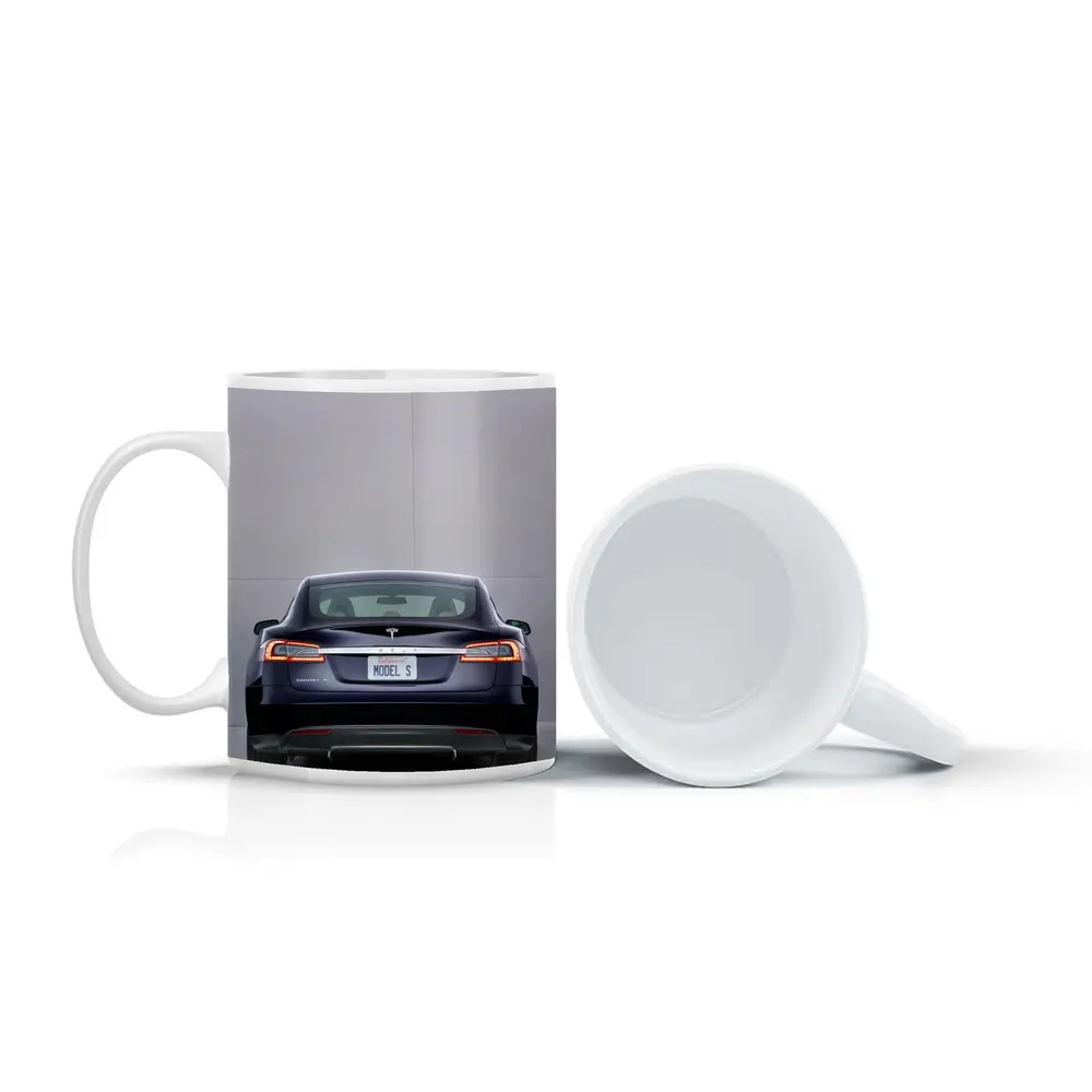 Tesla Model S Rear View Gray Background – Mugs