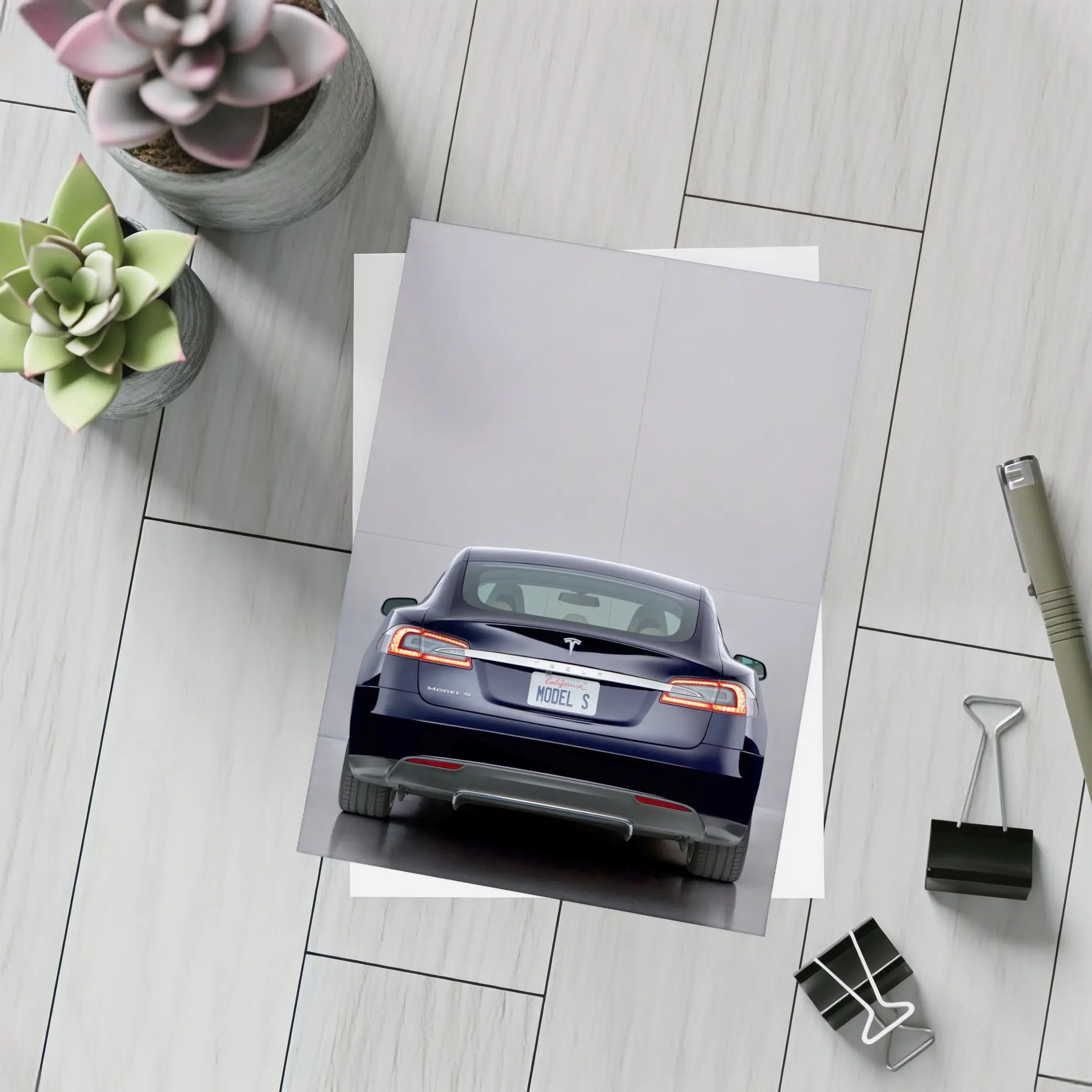 Tesla Model S Rear View Gray Background – Postcards