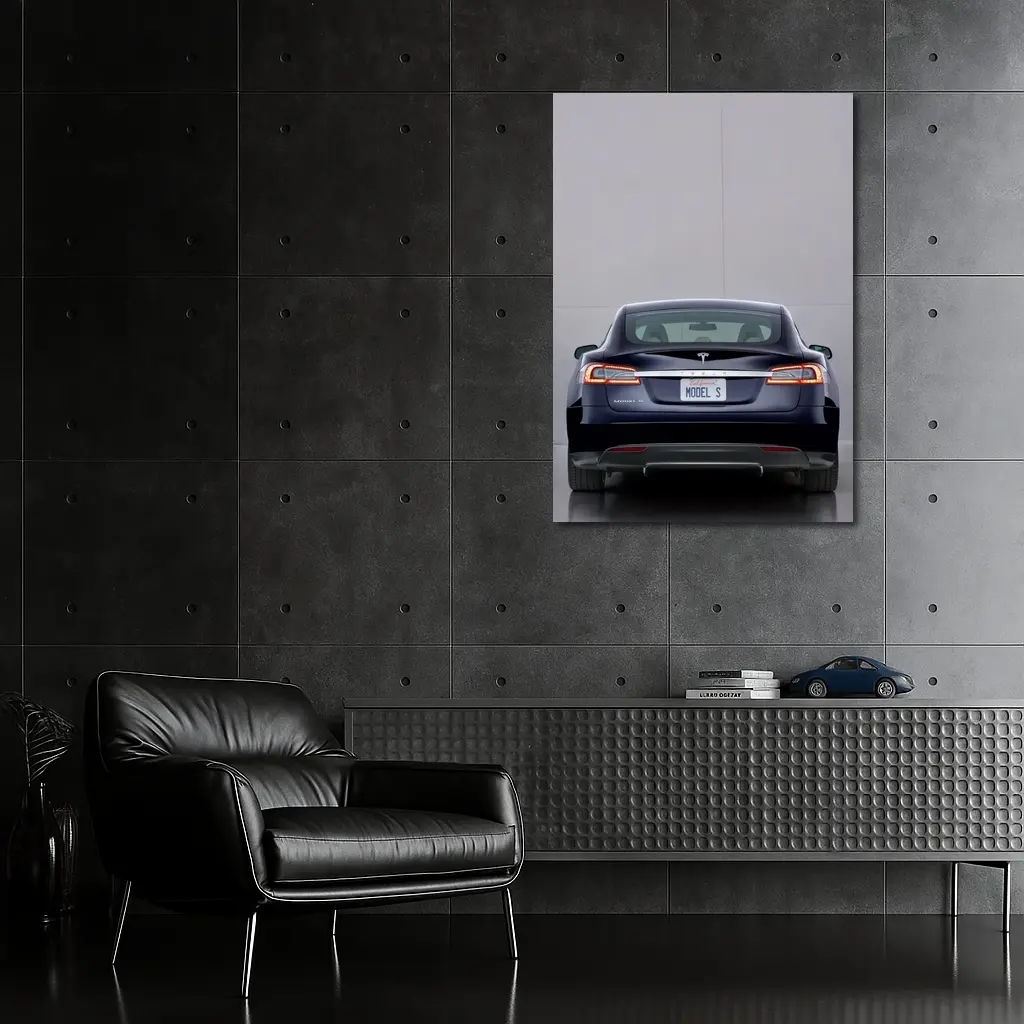 Tesla Model S Rear View Gray Background – Wall Art