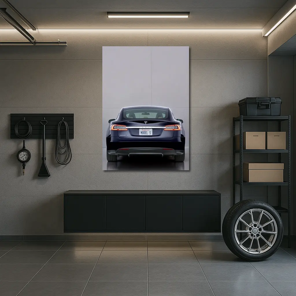Tesla Model S Rear View Gray Background – Wall Art