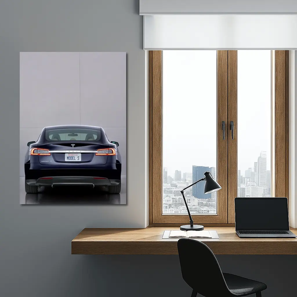 Tesla Model S Rear View Gray Background – Wall Art