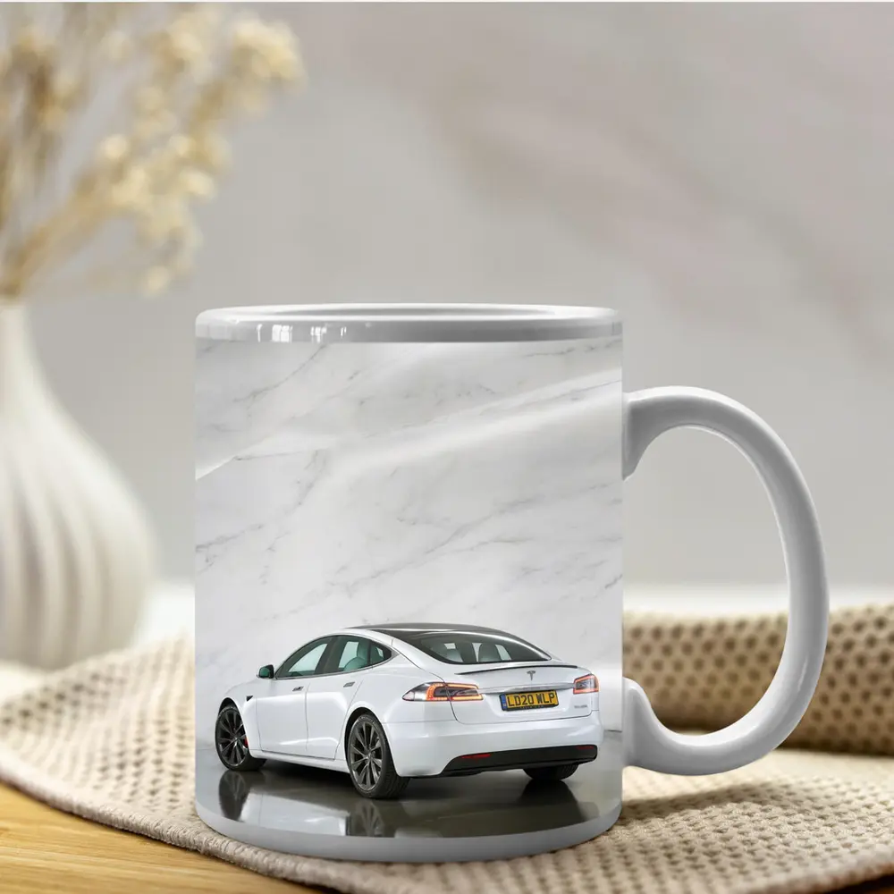 Tesla Model S White Marble Studio Background – Mugs