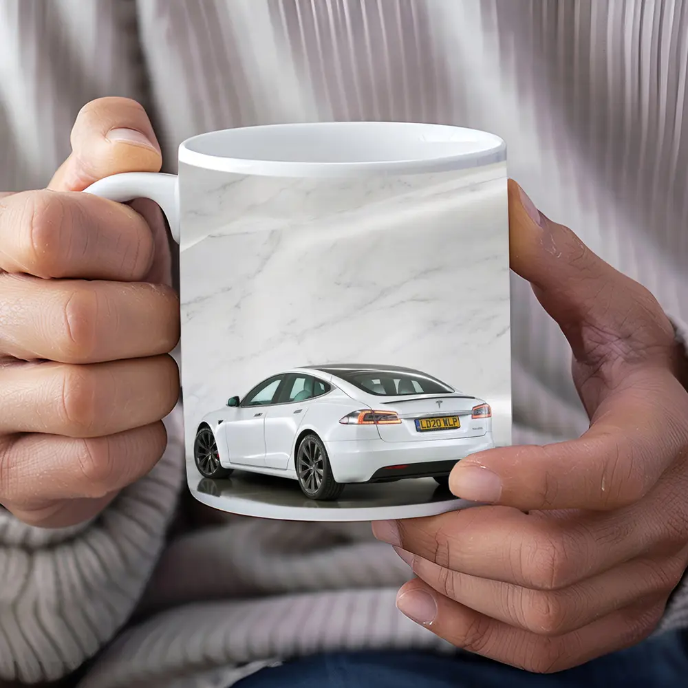 Tesla Model S White Marble Studio Background – Mugs