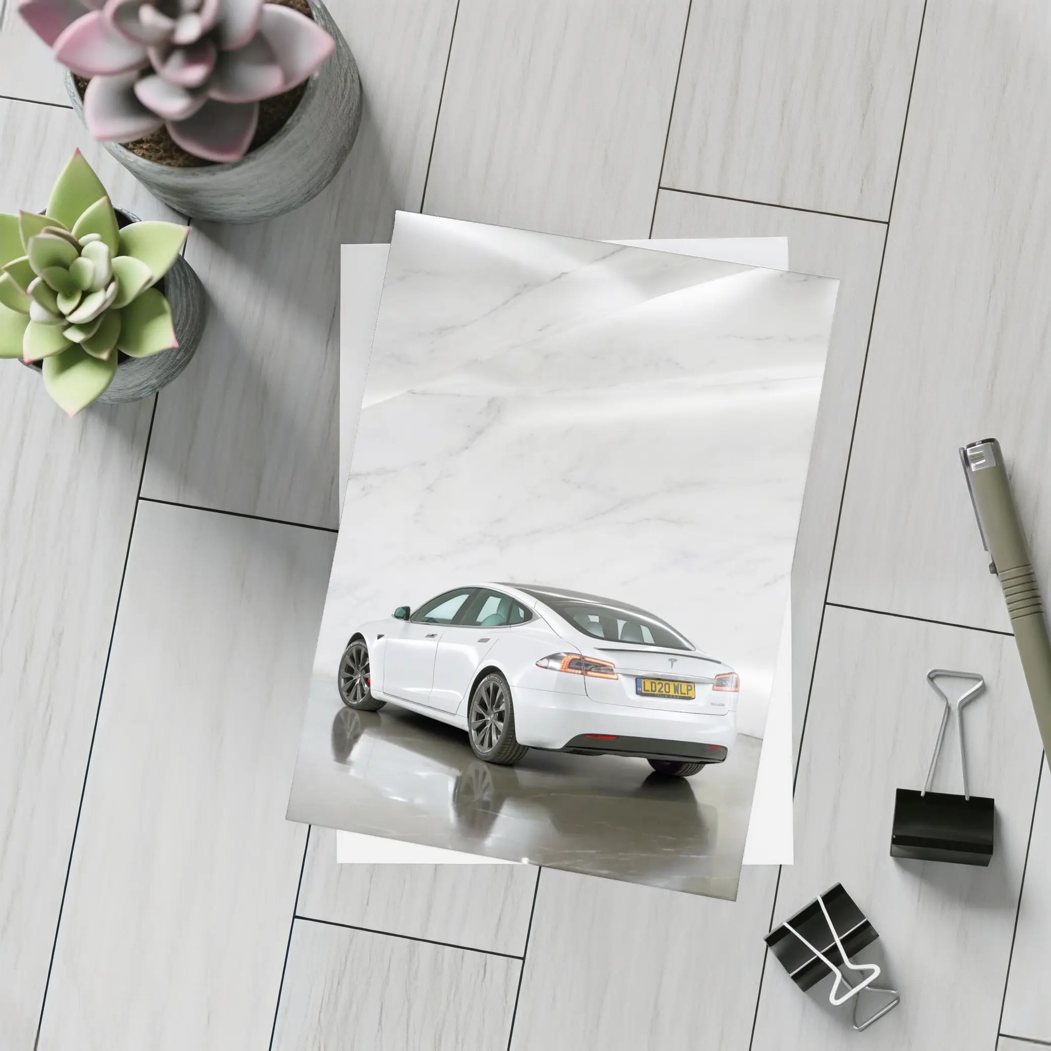 Tesla Model S White Marble Studio Background – Postcards