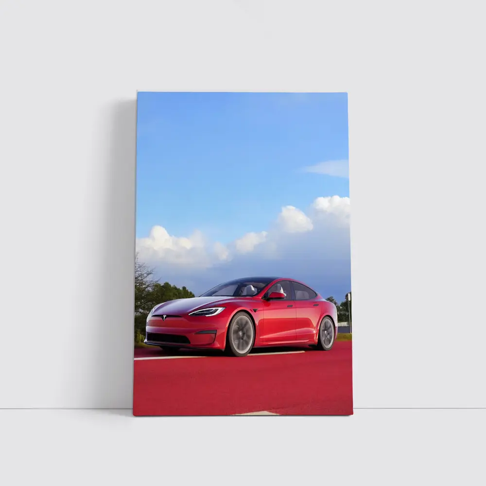 Red Tesla Model S Blue Sky Background – Wall Art