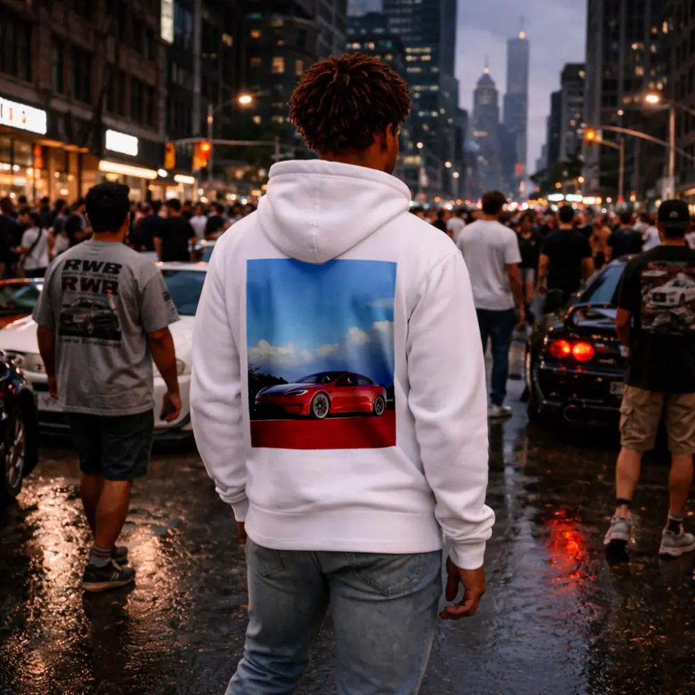 Red Tesla Model S Blue Sky Background – Hoodies