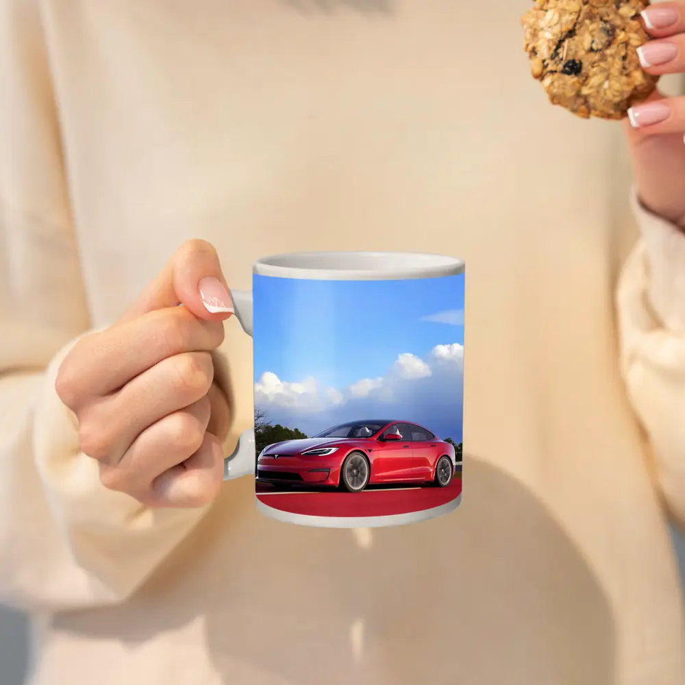 Red Tesla Model S Blue Sky Background – Mugs