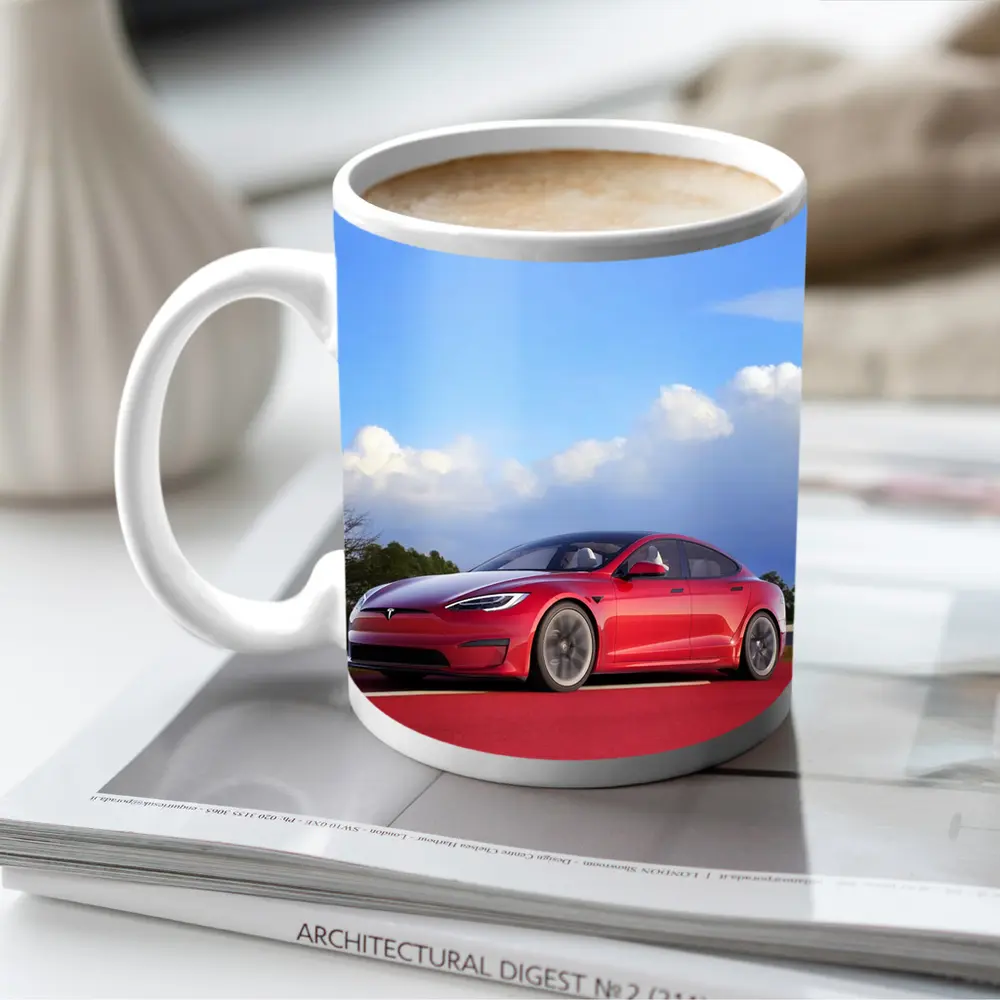 Red Tesla Model S Blue Sky Background – Mugs