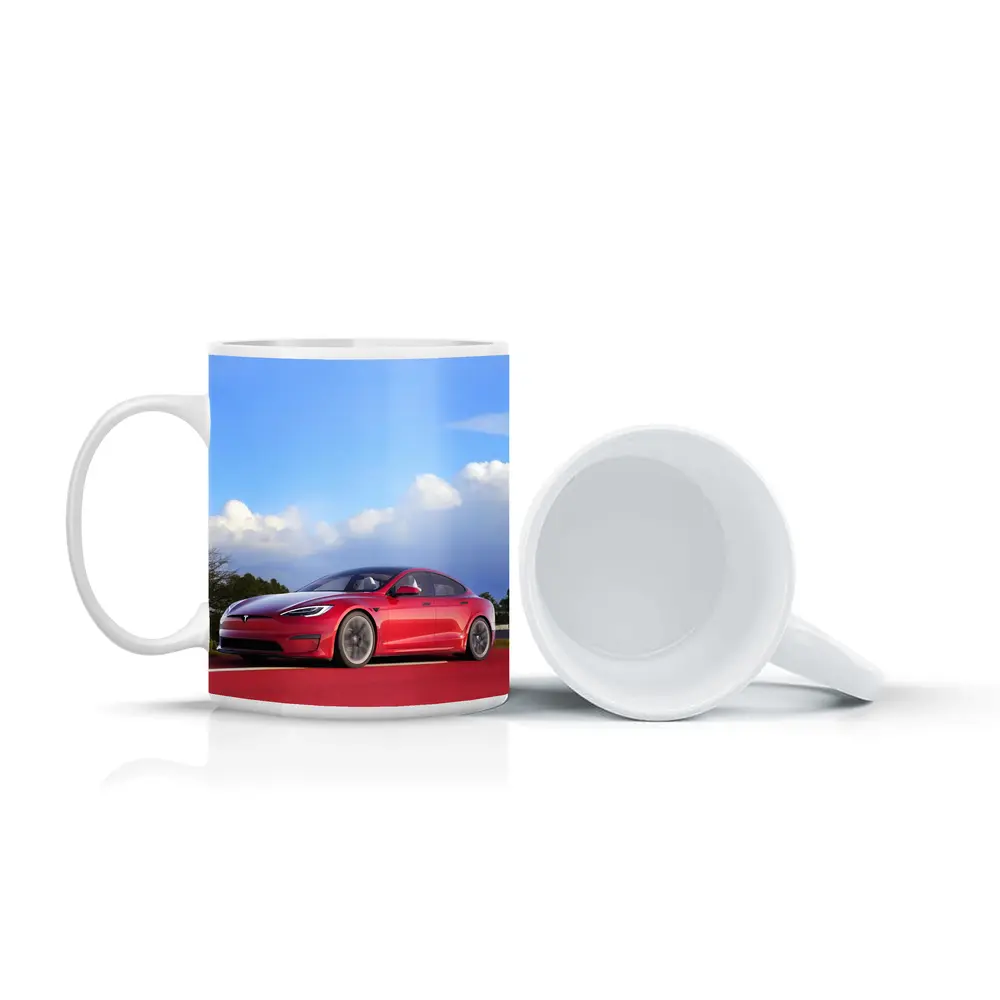 Red Tesla Model S Blue Sky Background – Mugs