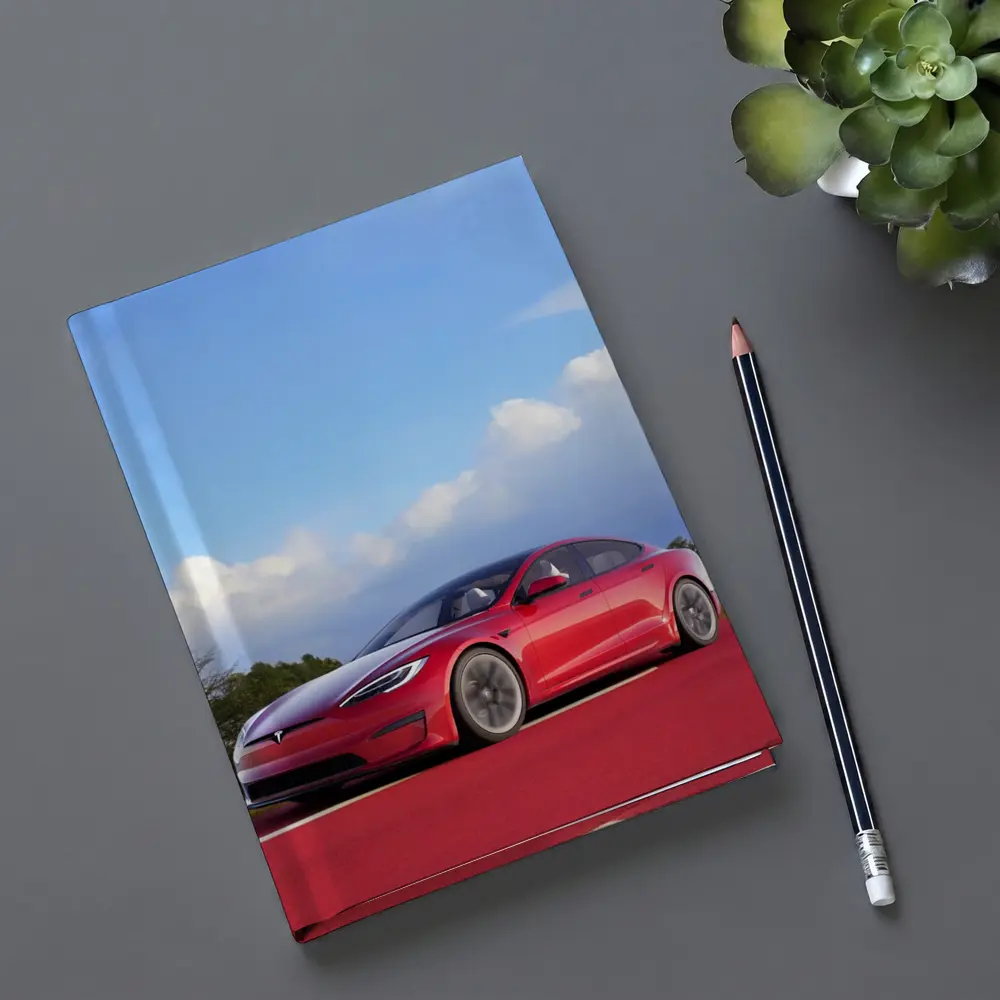 Red Tesla Model S Blue Sky Background – Notebooks