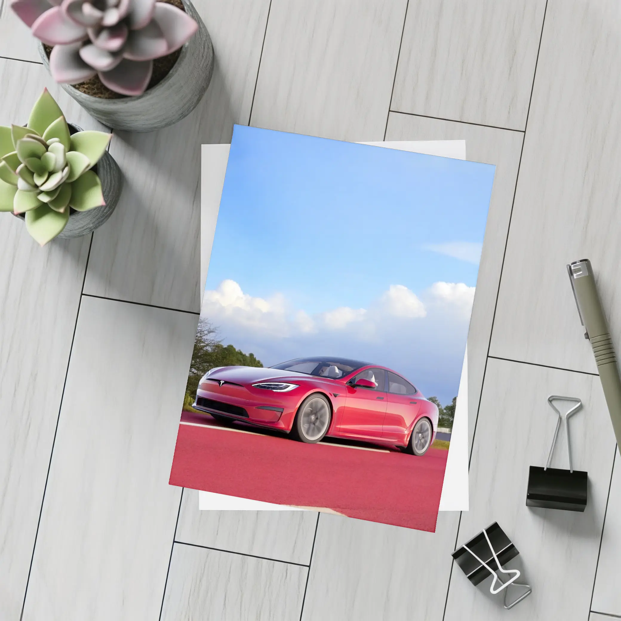 Red Tesla Model S Blue Sky Background – Postcards