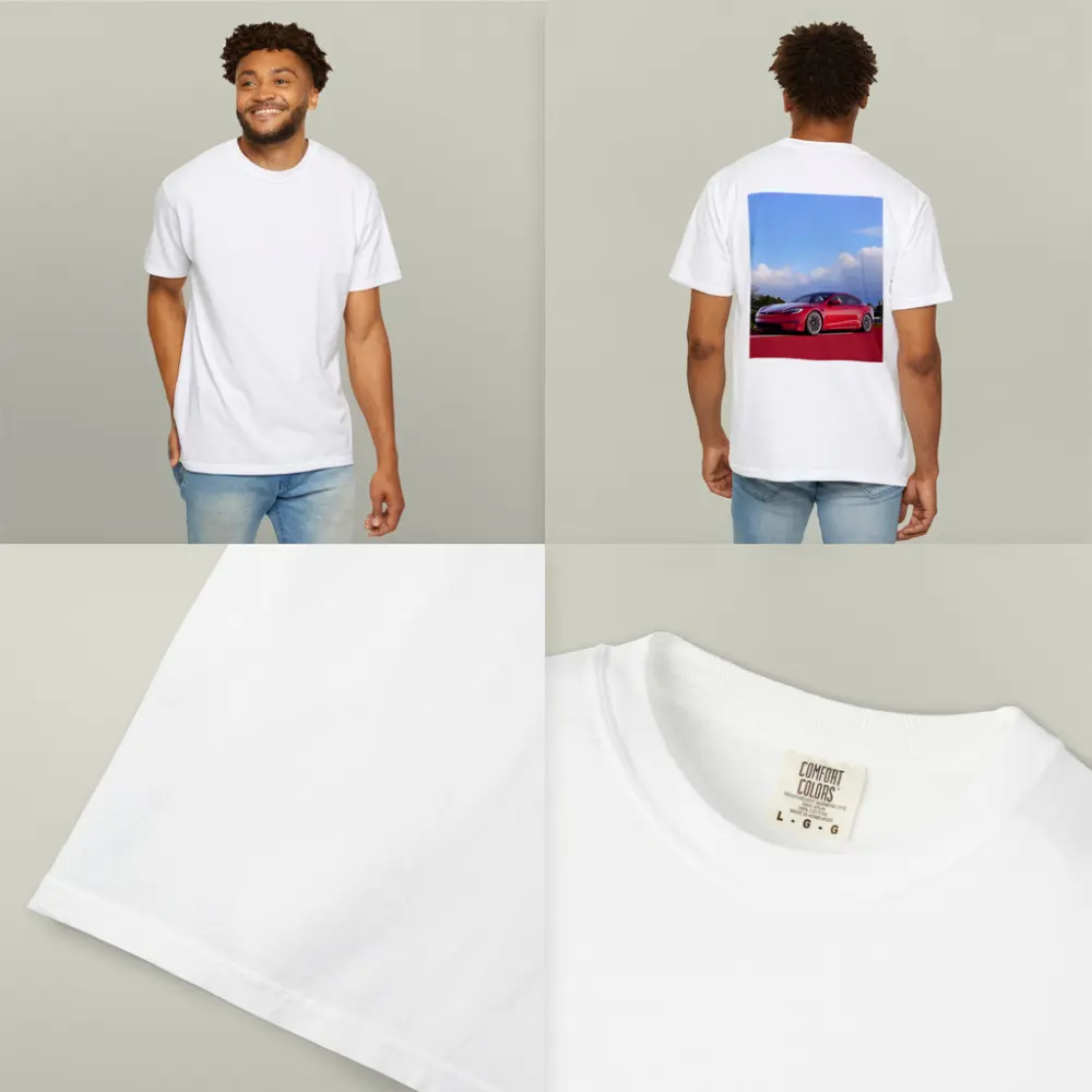 Red Tesla Model S Blue Sky Background – T-Shirts