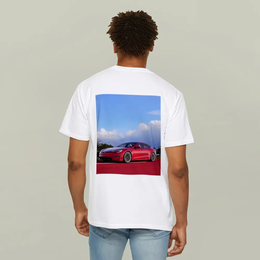 Red Tesla Model S Blue Sky Background – T-Shirts