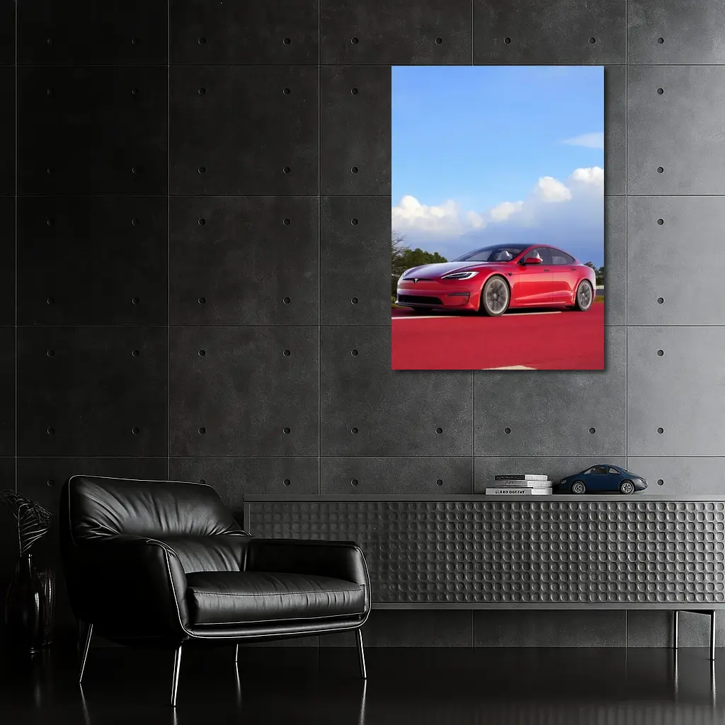 Red Tesla Model S Blue Sky Background – Wall Art