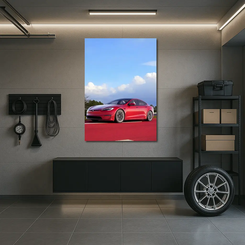 Red Tesla Model S Blue Sky Background – Wall Art