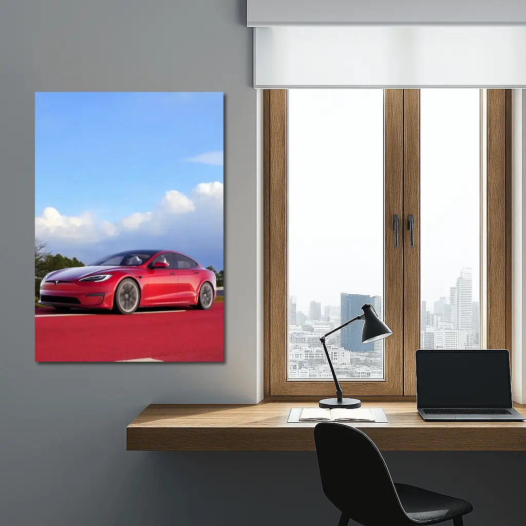 Red Tesla Model S Blue Sky Background – Wall Art