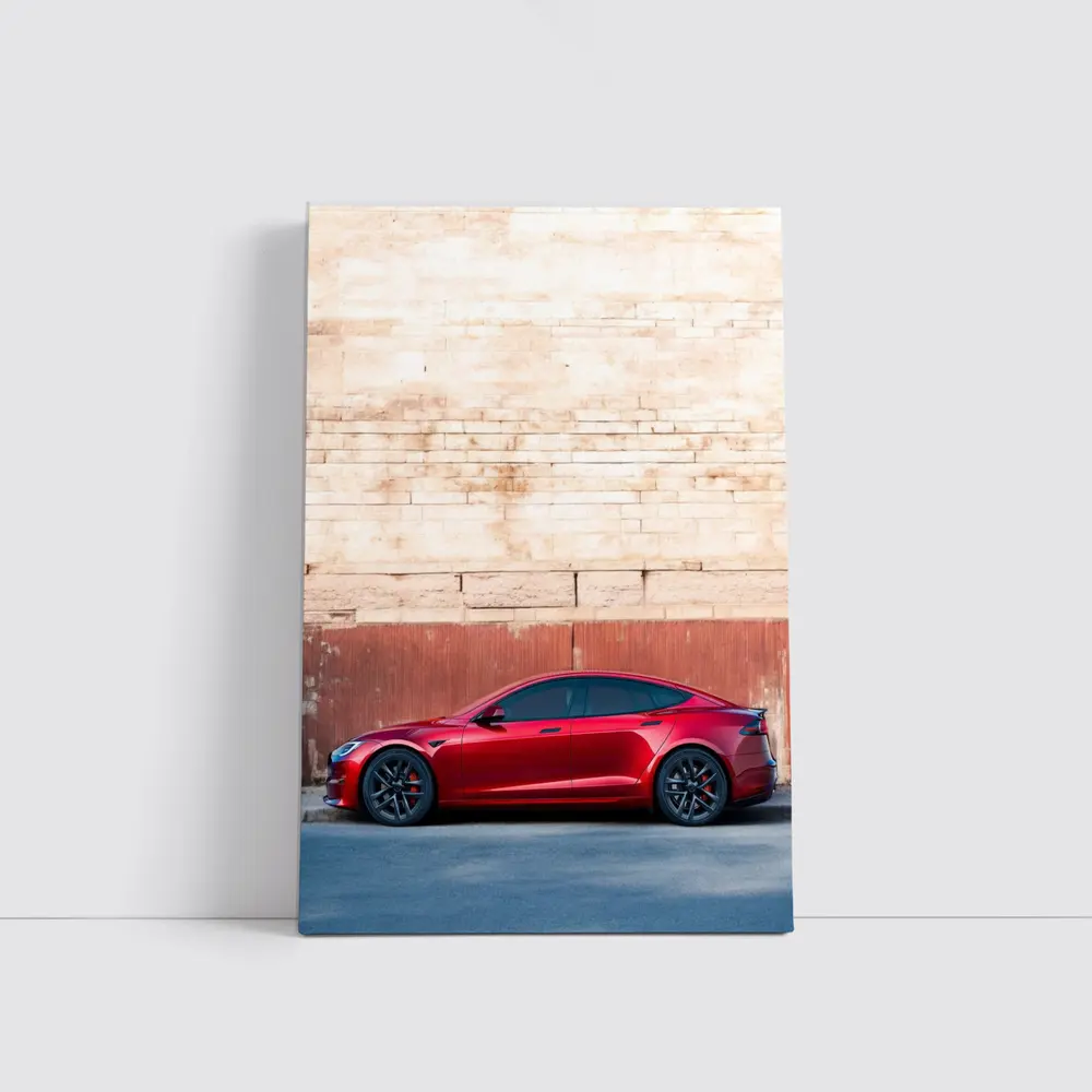 Red Tesla Model S Against Stone Wall – Wall Art