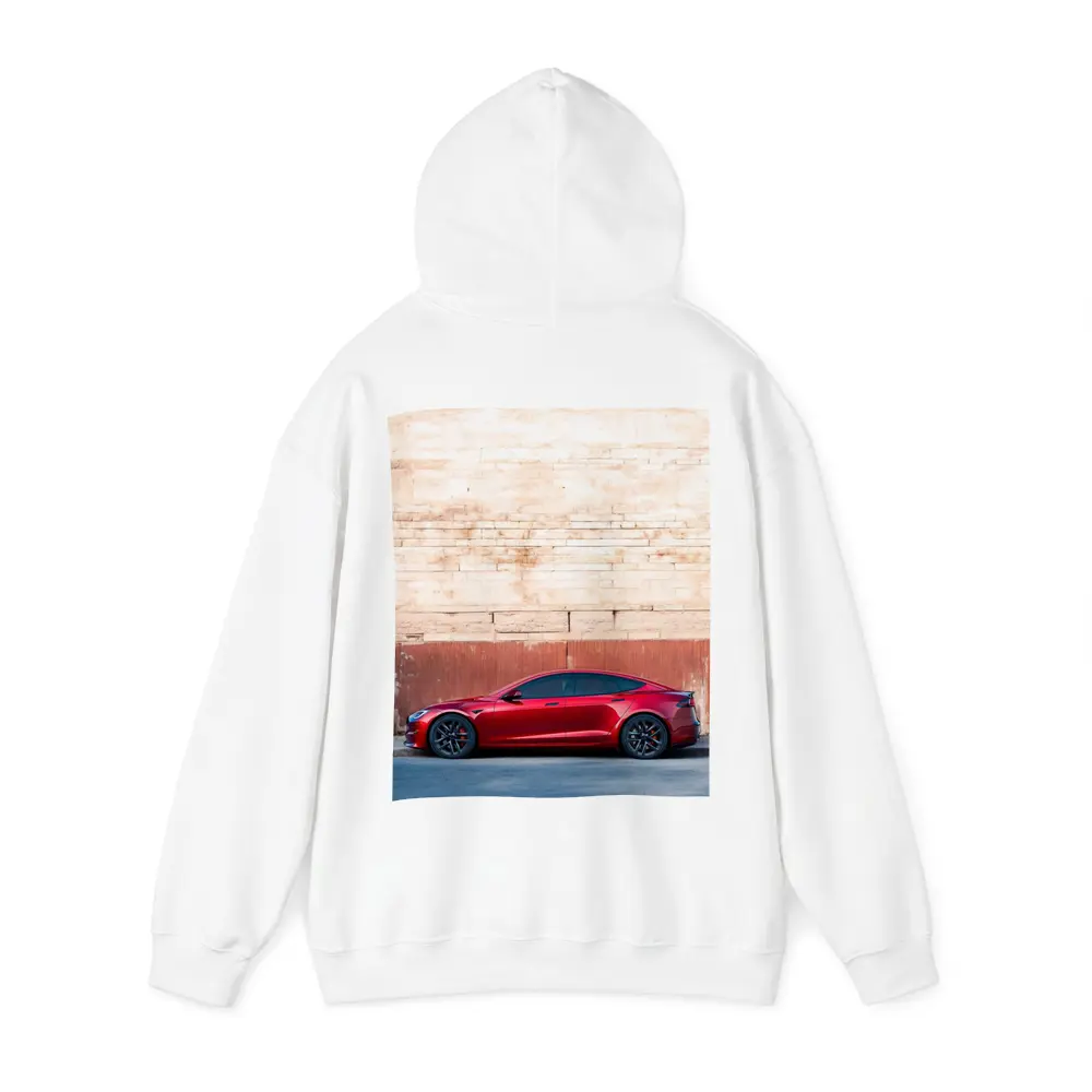 Red Tesla Model S Against Stone Wall – Hoodies