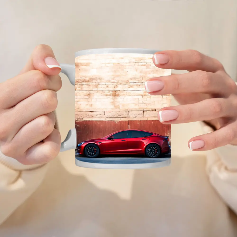 Red Tesla Model S Against Stone Wall – Mugs
