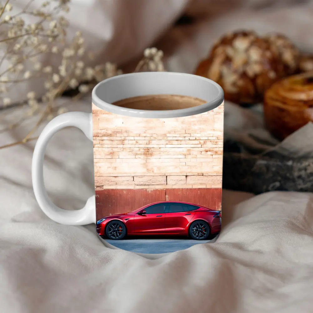 Red Tesla Model S Against Stone Wall – Mugs