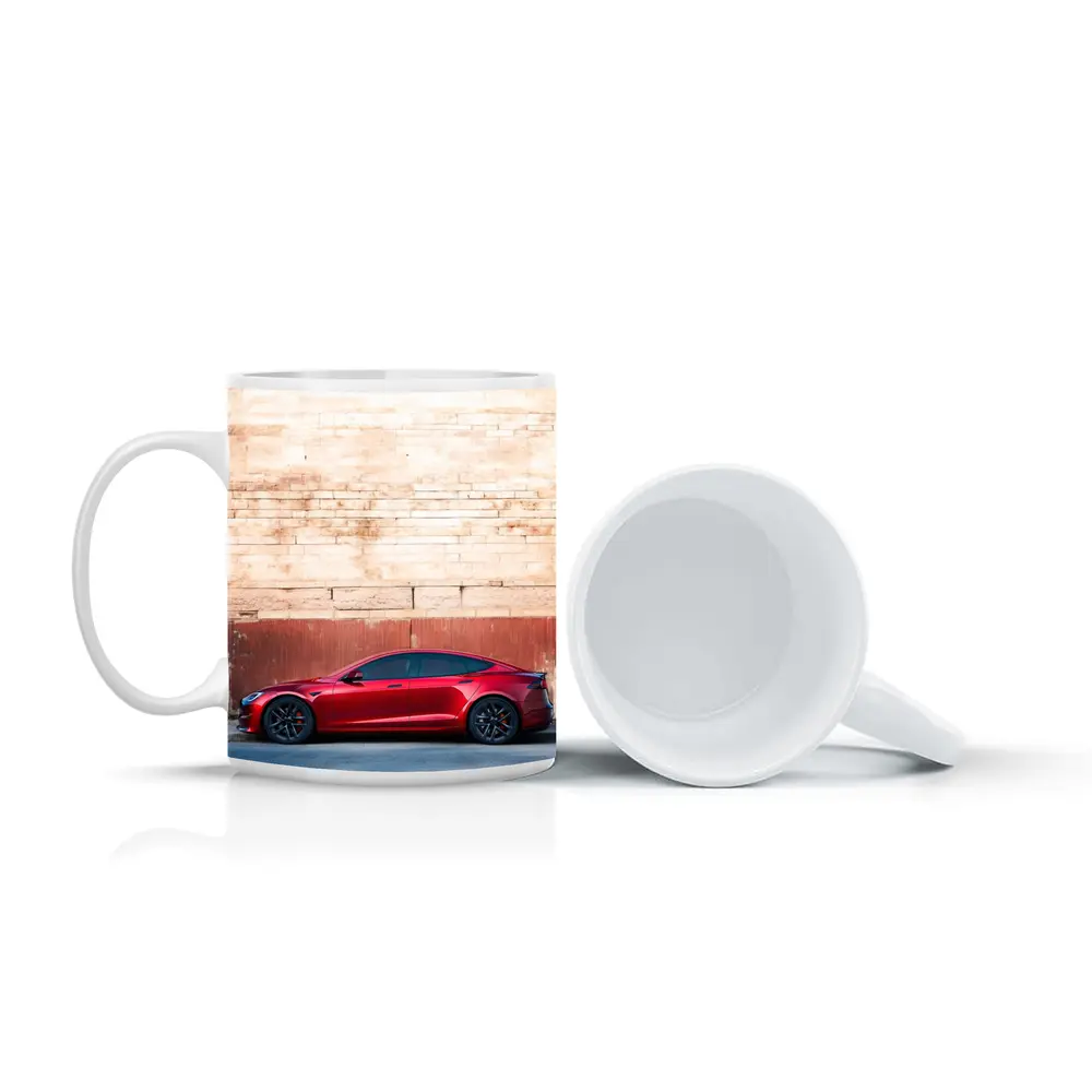 Red Tesla Model S Against Stone Wall – Mugs