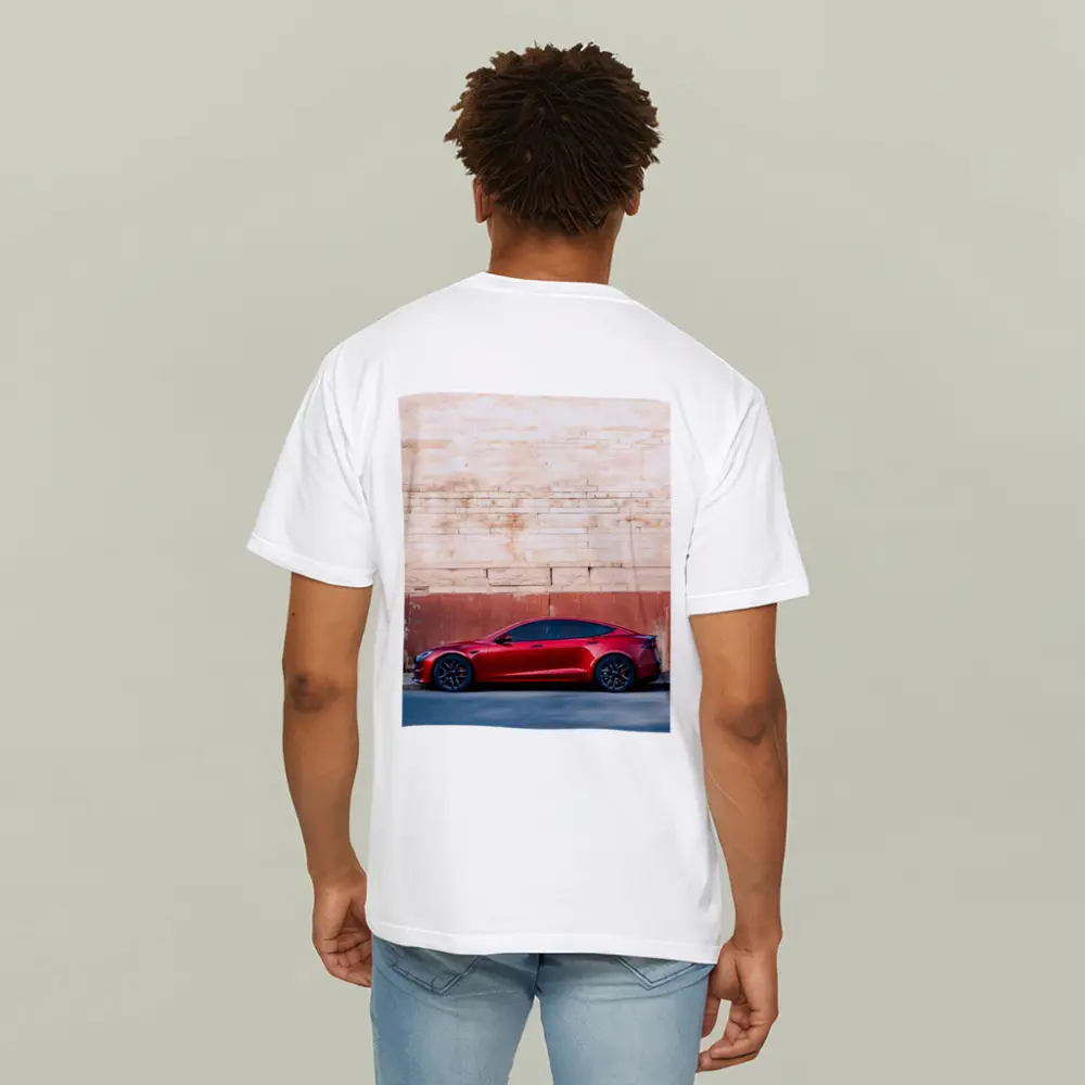 Red Tesla Model S Against Stone Wall – T-Shirts