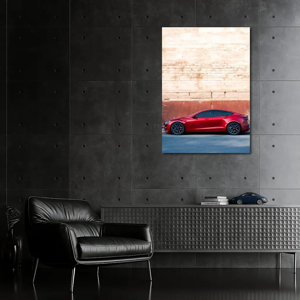 Red Tesla Model S Against Stone Wall – Wall Art
