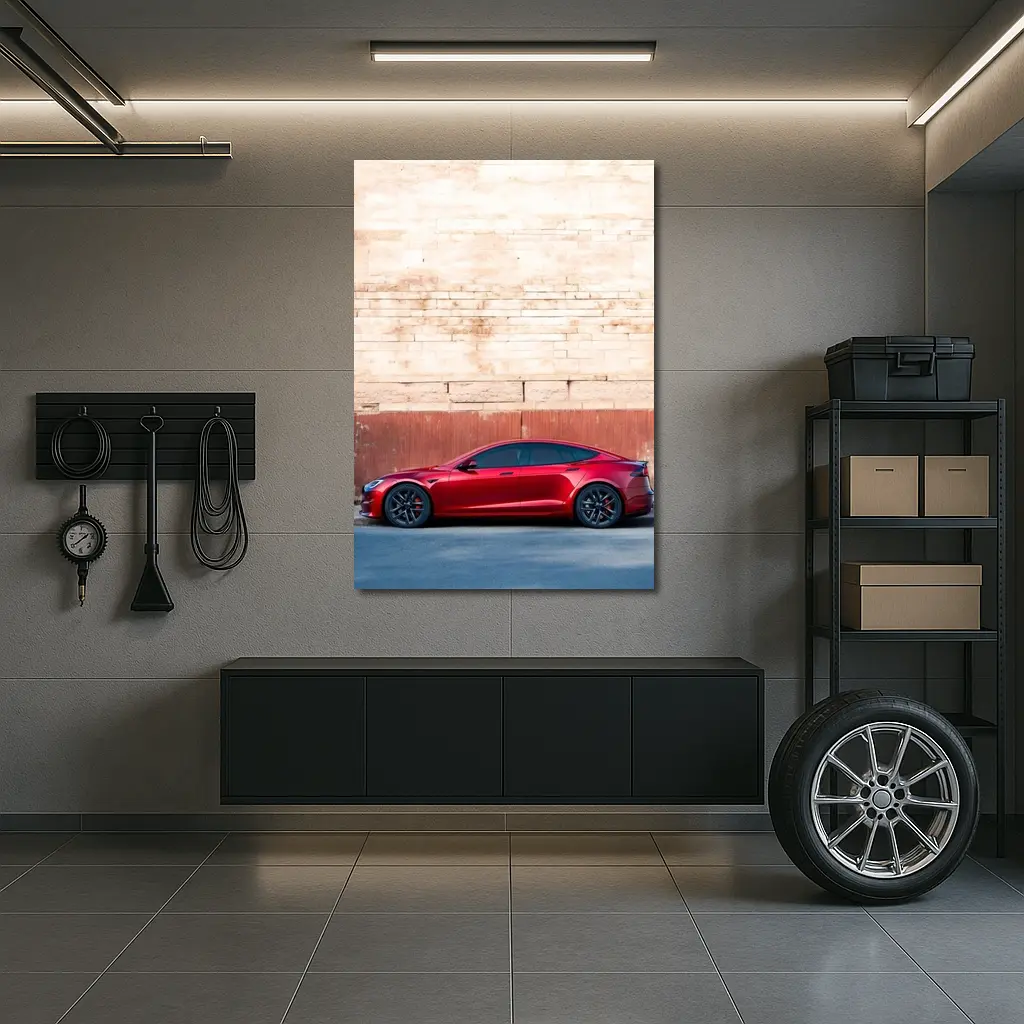 Red Tesla Model S Against Stone Wall – Wall Art