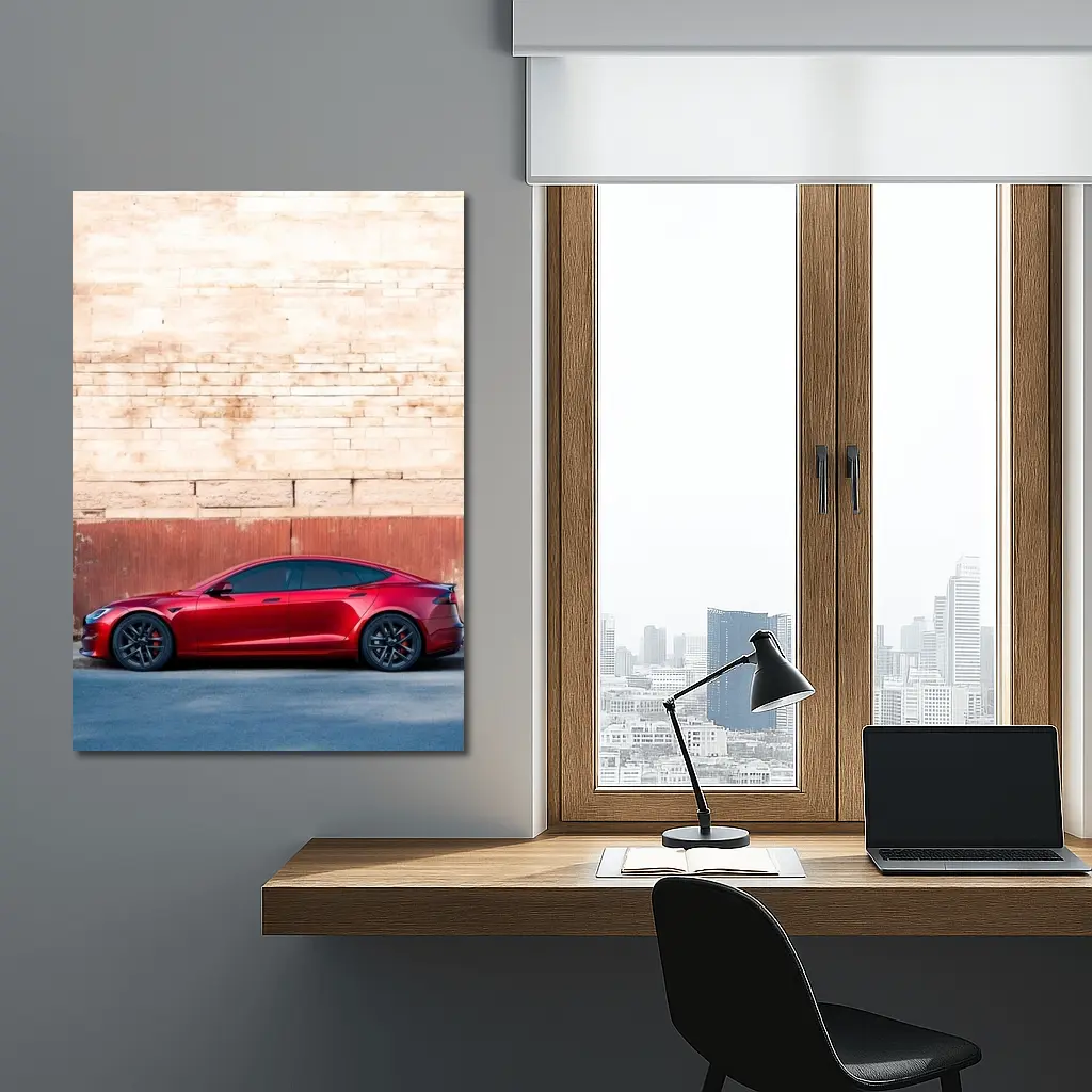 Red Tesla Model S Against Stone Wall – Wall Art